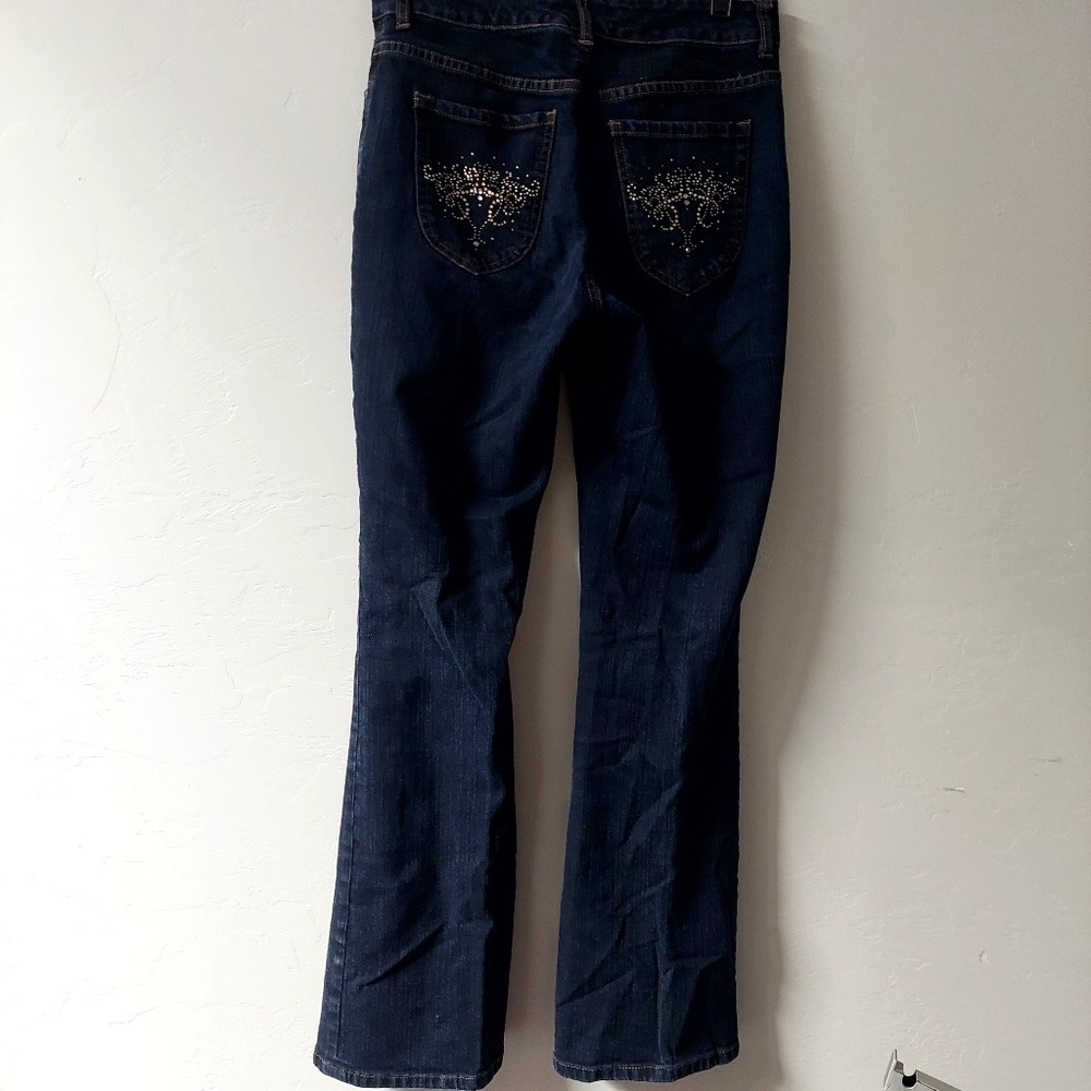 Platinum Charm Jeans Womens Size 0 Indigo Blue Bootcut Rhinestone Pocket Stretch - Picture 11 of 12